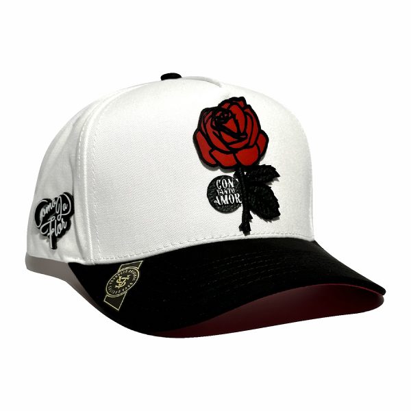 VAGO Style COMO LA FLOR Gorra Unica Artesanal Blanca Ajustable con Visera Curva Negra